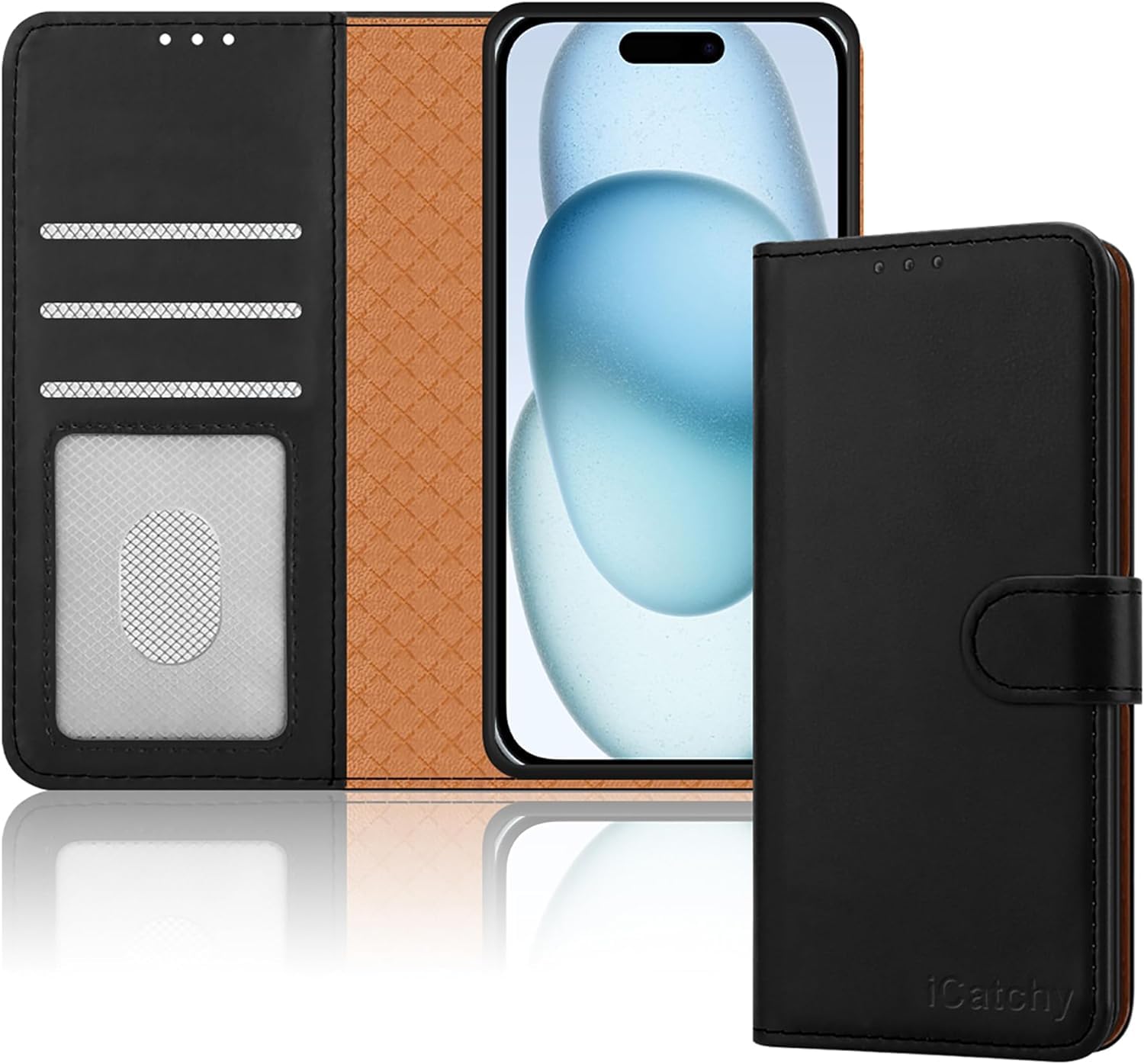 iCatchy for iPhone 15 Case Leather Wallet Flip Protective Cover with Wallet Card Holder Magnetic Closure Kickstand Shockproof Phone Cover Compatible With iPhone 15 (Black)