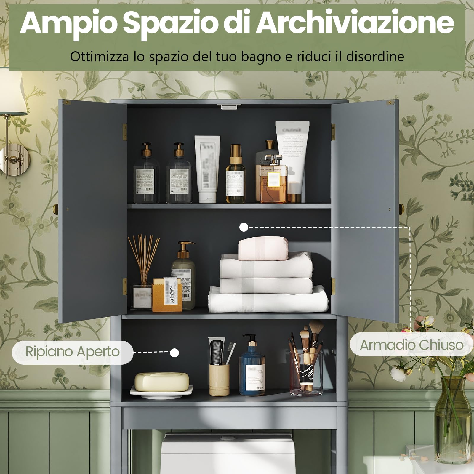 COSTWAY Mobile Bagno Sopra WC, Scaffale per Lavatrice Salvaspazio con 2 Ante, Mensola Aperta e Ripiano Regolabile, Armadietto Sopra Gabinetto in Legno, 60 x 23 x 168 cm (Grigio)