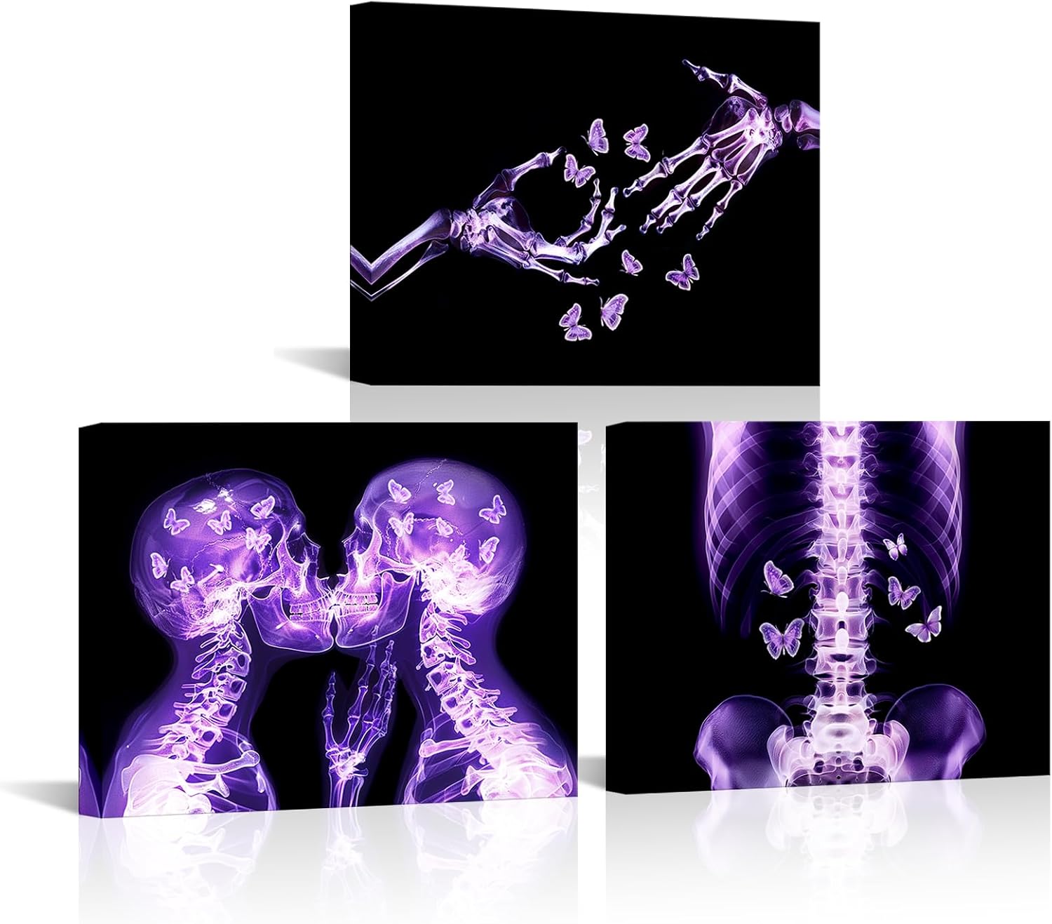 LyerArtork 3 Pieces Purple Skull Wall Art Canvas Prints Gothic X-Ray Human Skull with Butterfly Pictures Abstract Kissing Skeleton Lovers Painting Modern Romantic Bedroom Decor 12"x16"x3