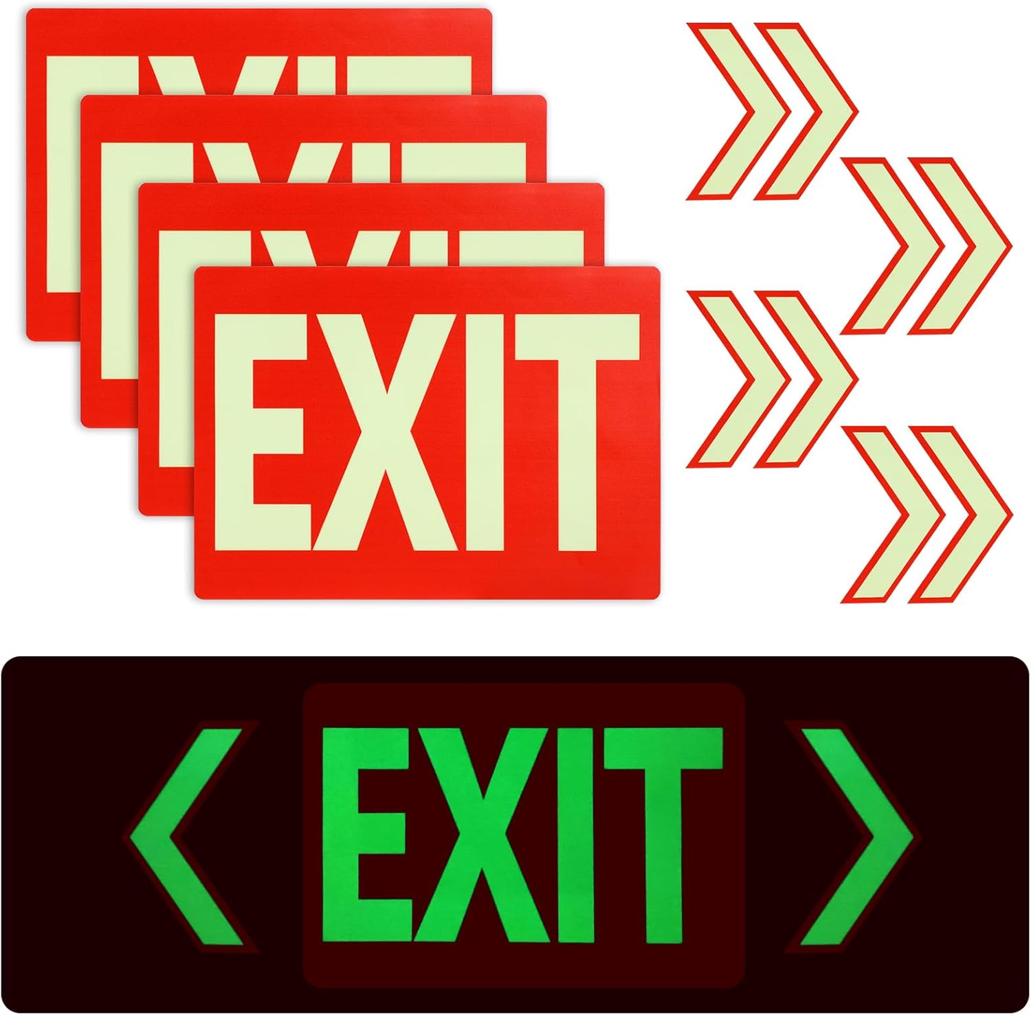4 Pack EXIT Sign Glow in the Dark Stickers, 10 x 7 Inch Photoluminescent Signs with Arrows for Indoor and Outdoor Use in Business, Office, and Warehouse Settings
