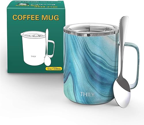 Miniatura 32 de THILY Taza de viaje aislada de acero inoxidable de 12 onzas, taza de café aislada al vacío con asa, tapa a prueba de derrames, mantiene el café frío