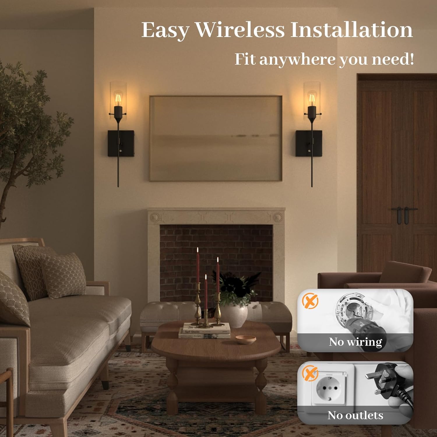 Battery Operated Wall Sconce with Remote Control, Dimmable Wall Lamp Set of 2 Rechargeable, Black Wireless Wall Mount Light for Living Room Bedroom Hallway Farmhouse, Bulb Included