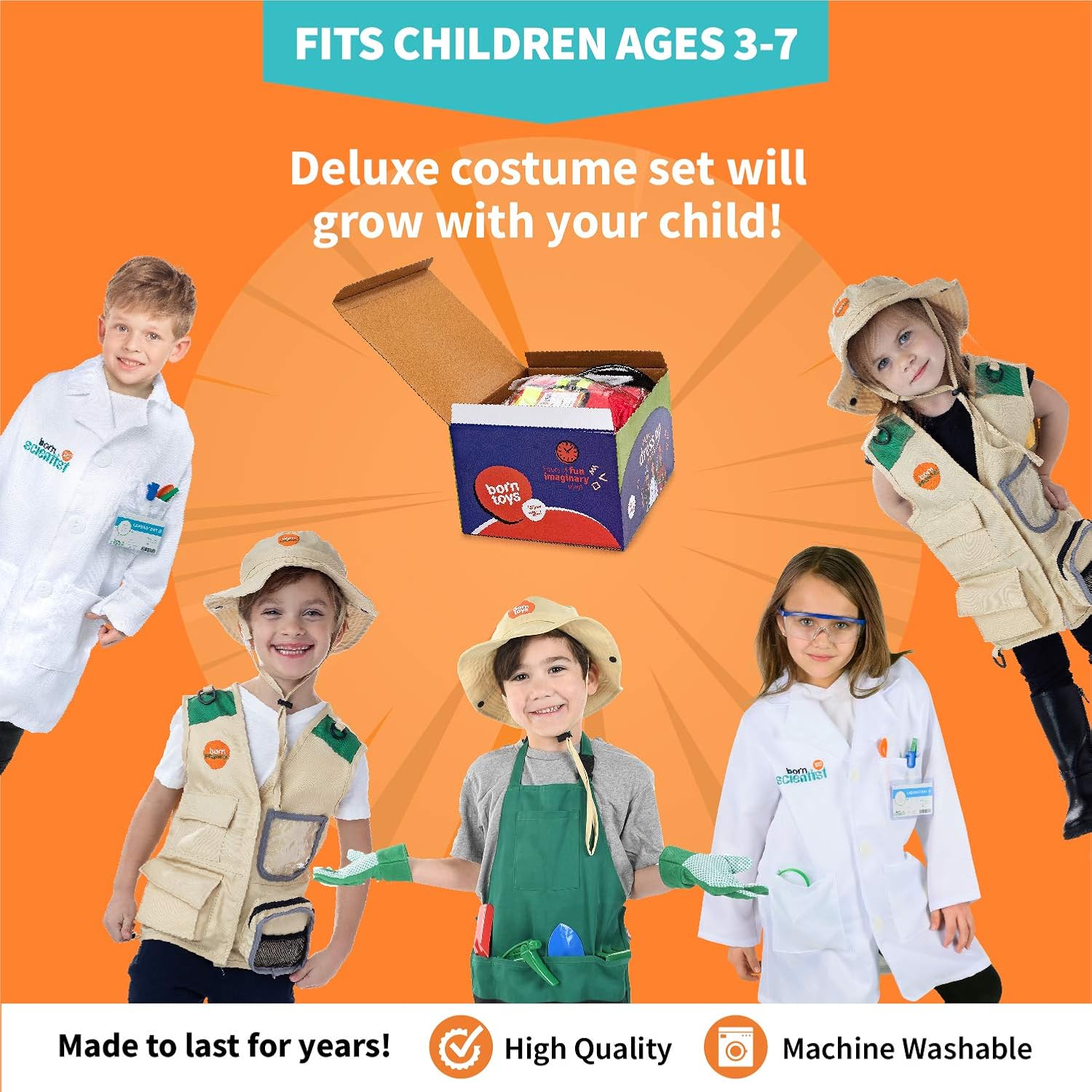 Born Toys Dress Up & Pretend Play 3-in-1 Premium Kids Costumes Set Ages 3-7, Washable Kids Dress Up Clothes for Play - Scientist, Explorer & Gardener as Dress Up Clothes for Little Girls & Boys : Toys & Games
