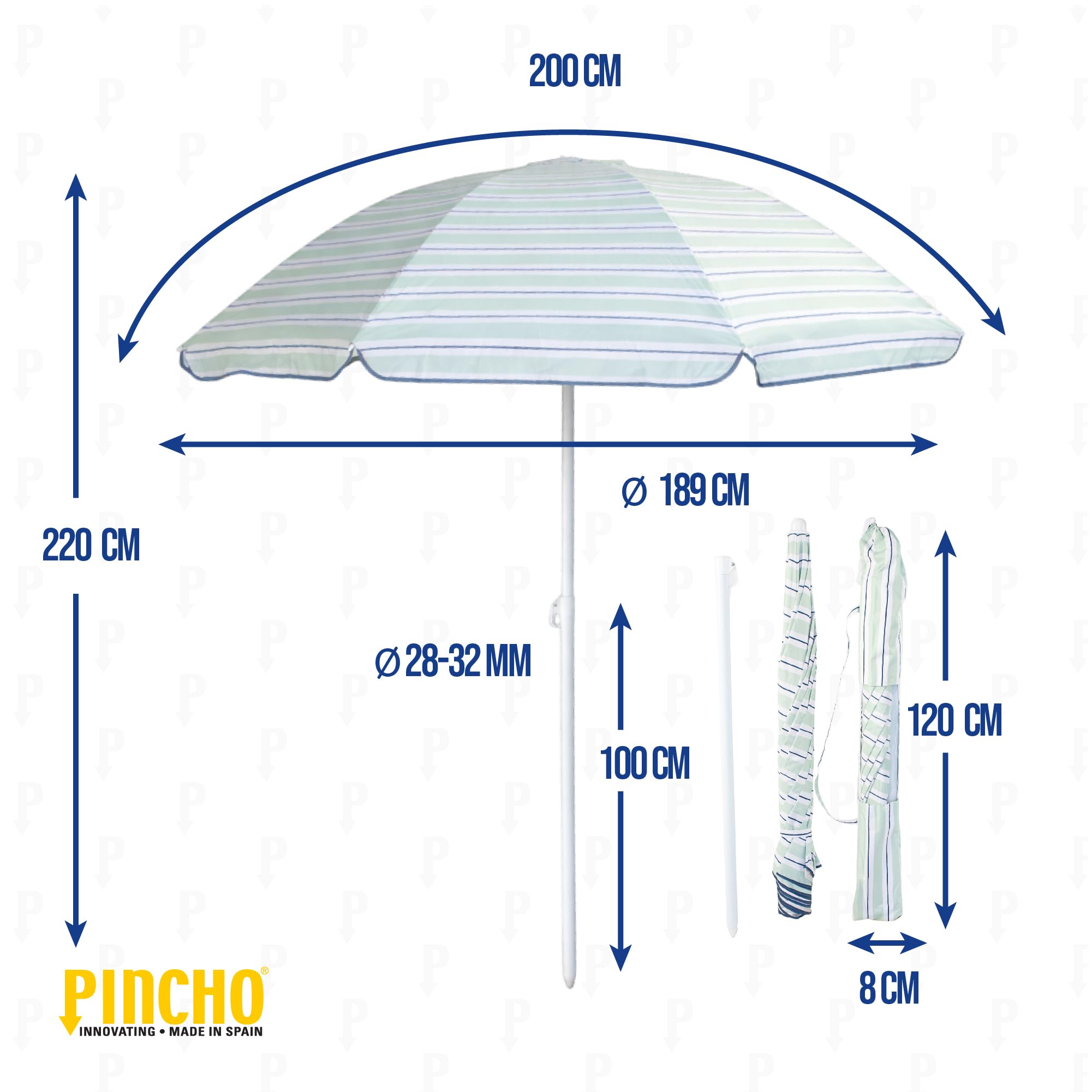 Pincho Parasol de plage 200 cm avec protection UV50+, hauteur réglable, type perçage inclus, 8 baleines anti-vent, tube acier, sac de transport