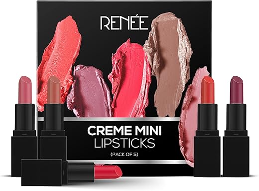 RENEE Crème Mini Lipstick Combo Pack of 5-1.65gm Each, Long Lasting Creamy Finish – Enriched With Jojoba Oil, Keeps Lips Hydrated & Nourished, Travel Friendly