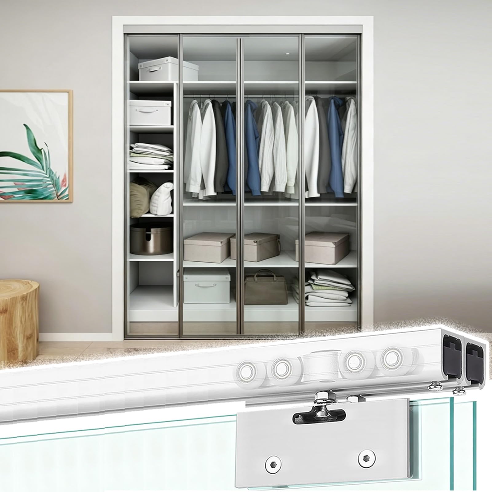 Herrajes Puertas Correderas Riel para Puerta Corredera de Armario Doble de Cristal, Herrajes Puertas Empotradas de 50-900cm Armarios, Kit Puertas Empotradas Interior/Exterior(72in/183cm)