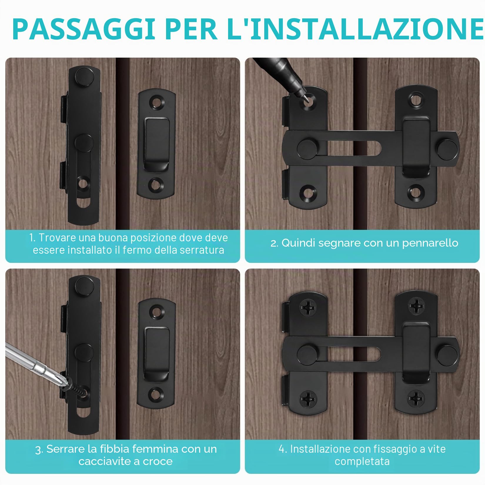 Serrature e catenacci per porte di fienili scorrevoli a 180°, confezione da 4, chiusure nere con chiusura a scatto, per porte di fienili, bagno, garage, finestre
