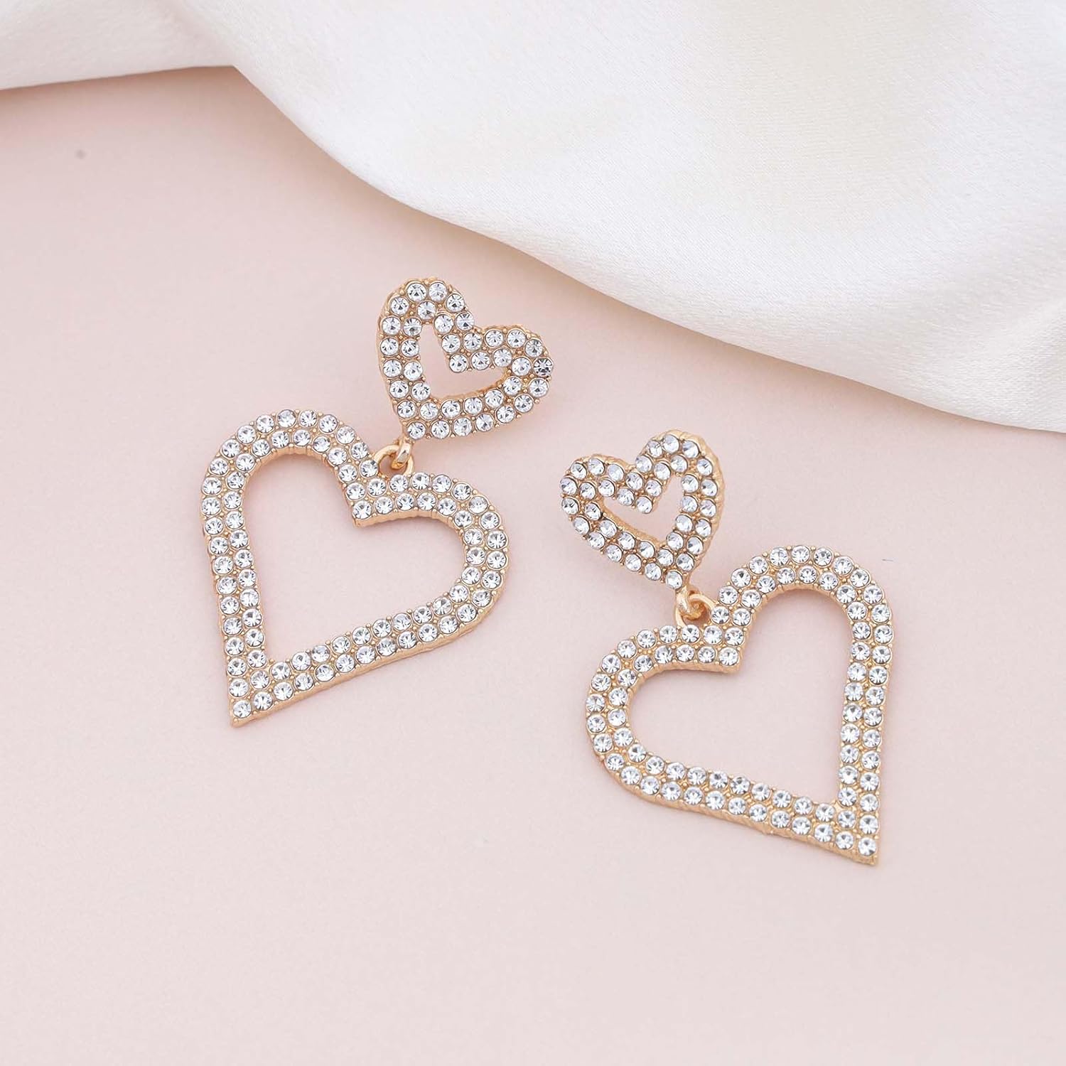 Large Heart Rhinestones Dangle Earrings Crystal Big Heart Drop Earrings Gold Open Heart Dangling Earrings Sparkly CZ Love Earrings Exaggerated Bridal Prom Earrings Jewelry for Women Girls - Image 3