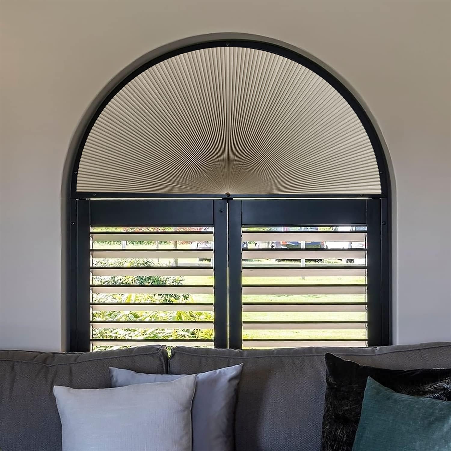 JDALL Half Circle Cellular Honeycomb Pleated Blinds for Half Circle Arch Window Half Round Window, Light Filtering Fabric Arch Shade, Quick Fix and Easy to Install (Radius:24”, 2PCS, Yellow)