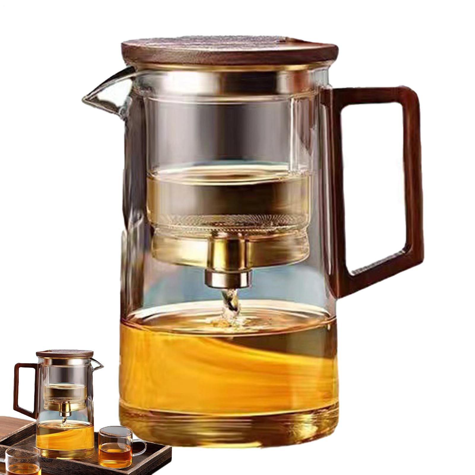 Teiera in con manico - teiera con filtro separazione acqua | Trasparente a un tocco con manico in legno | lavabile in lavastoviglie per tè verde, caffè, erbe aromatiche, boschi
