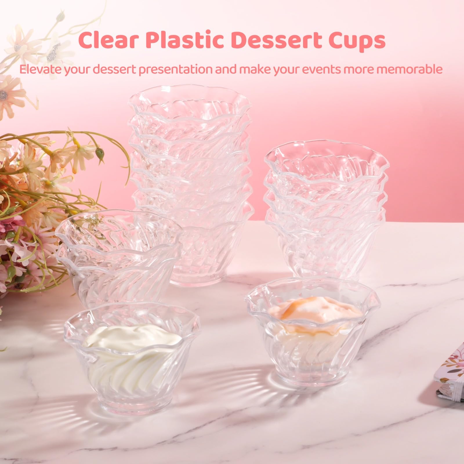 Homaisson Paquete de 32 vasos de postre de plástico de 6 onzas, mini cuencos de helado, remolino transparente, en forma de tulipán, cuencos de degustación de Sundae, tazas redondas para servir bufé,