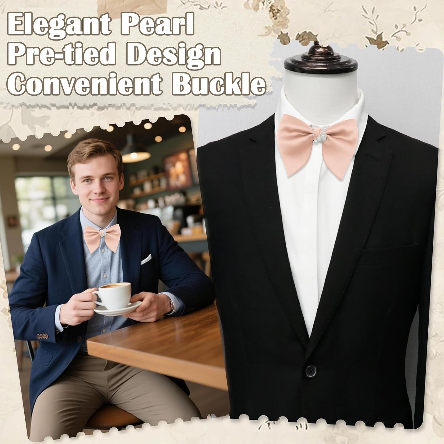 Pearl Bow Ties for Men, Oversized Bowtie for Work Wedding Party | Elegant Pearls, Adjustable Strap, Quick Wear, Easy Buckle, Multiple Colors, 5.1 × 3.9 inches, Smooth Fabric, Business, Daily