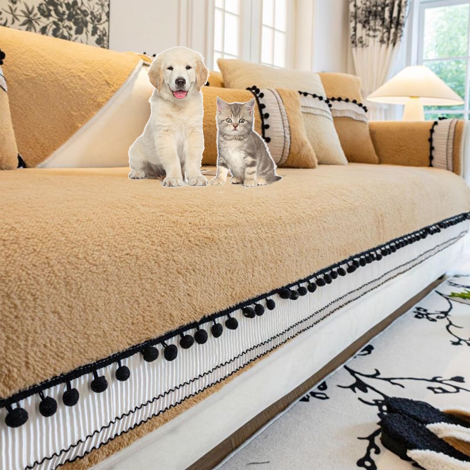 Funda de sofá felpa antideslizante para protector de chaise longue con encaje color curry