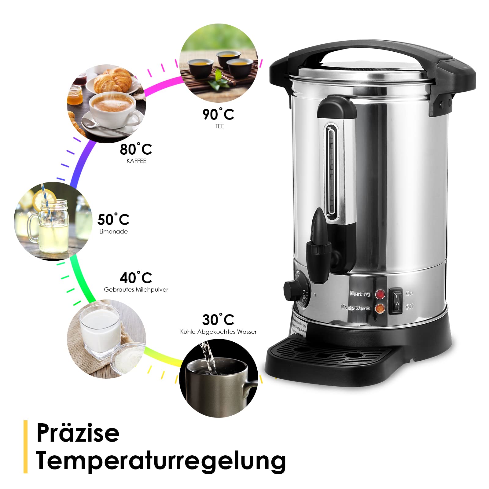8,8L Glühweinkocher Heißwasserspender aus Edelstahl 1500W Glühweinkessel mit Thermostat Füllstandanzeige Zapfhahn Heißgetränkespender