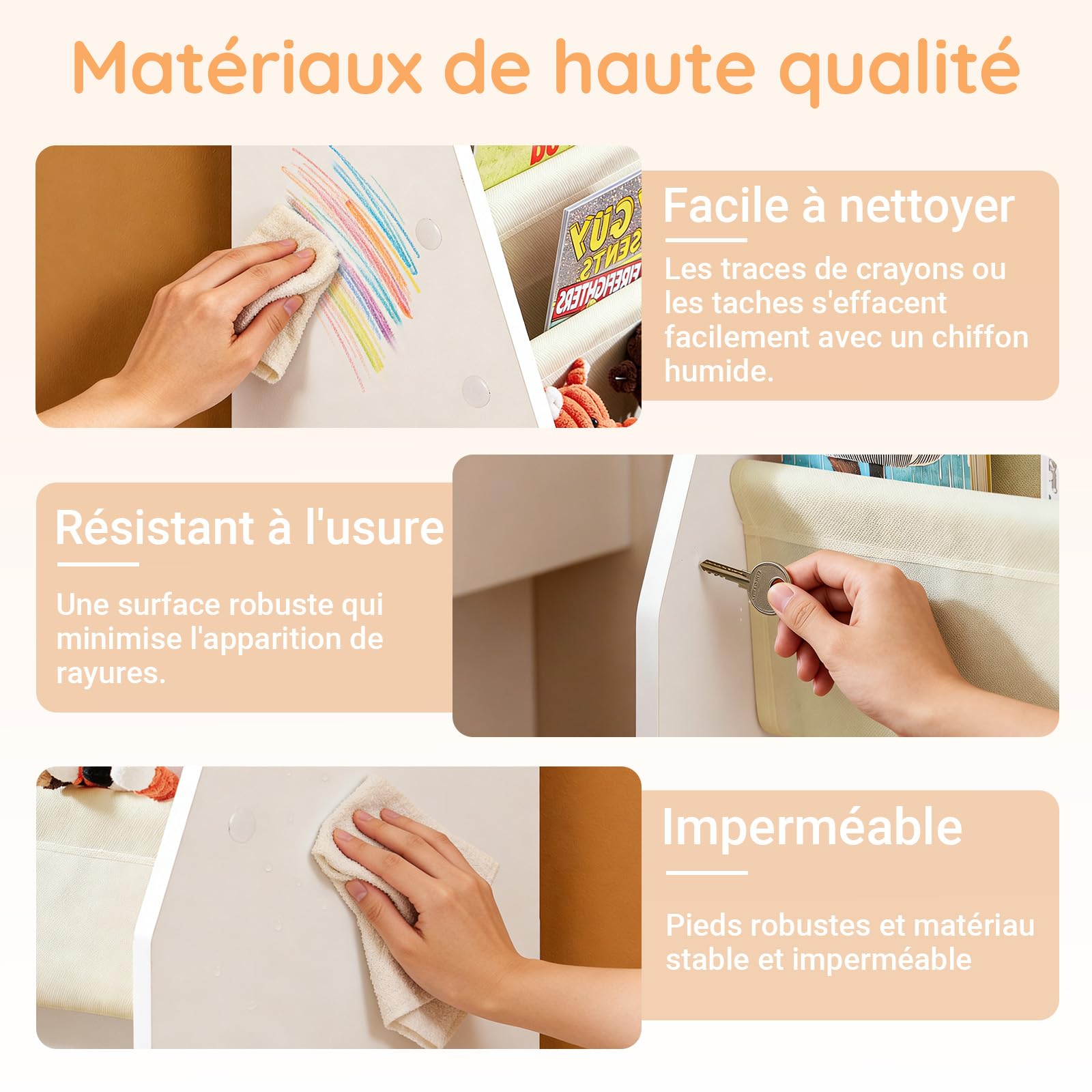 SoBuy Bibliothèque Enfant Rangement Jouet Enfant avec 4 Poches Tissu Étagère Chambre pour Jouet et Livre Bibliothèque Meuble de Rangement Blanc 62x30x71cm FRG225-W