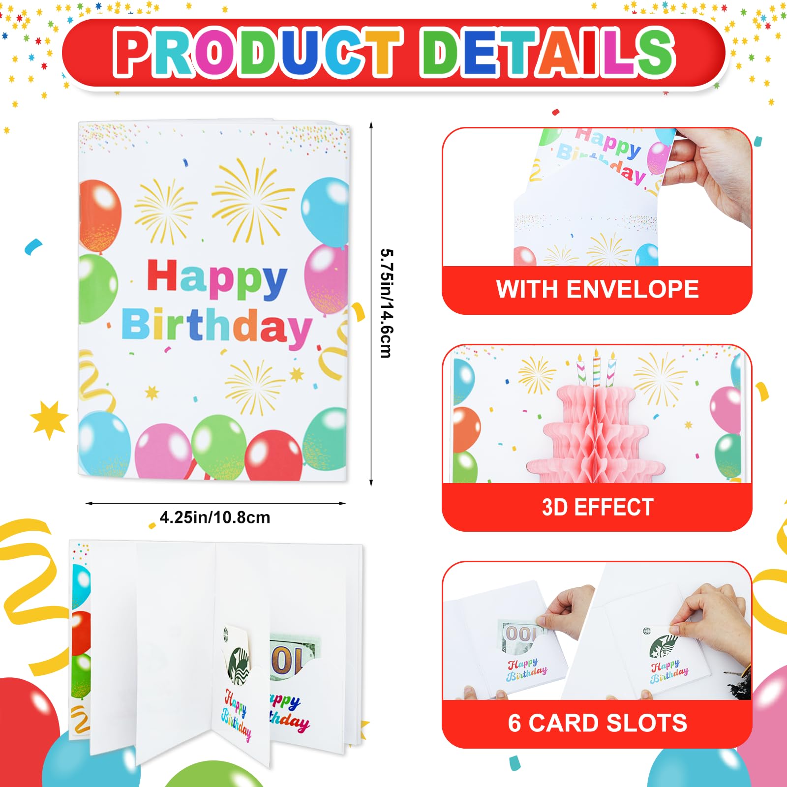 6 Slots 3D Happy Birthday Gift Card Booklet with Envelopes 3D Honeycomb Birthday Money Holder for Cash Gifts Surprise Money Card Sleeves Book Money Gift Ideas for Teacher Employee Friends (Colorful)