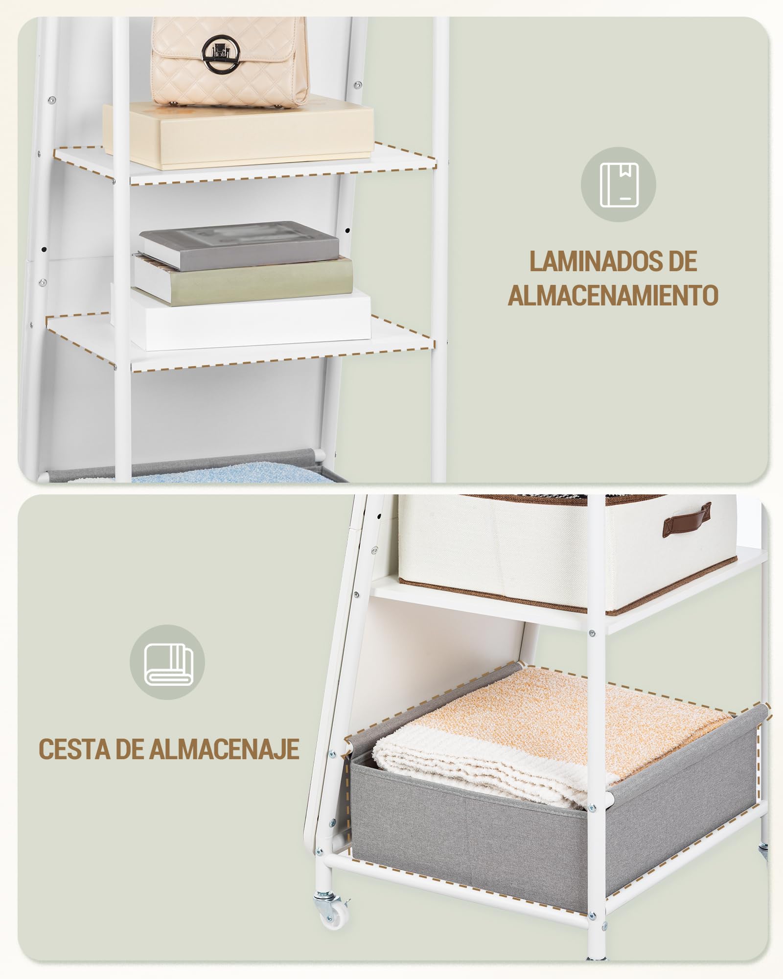 Hzuaneri Ganzkörperspiegel, Standspiegel mit Kleiderständer, 50 x160 cm, 360° Drehbare Rollen, Großer Spiegel mit Aufbewahrungsbox und Haken, für Schlafzimmer und Wohnzimmer, Weiß DM42203W