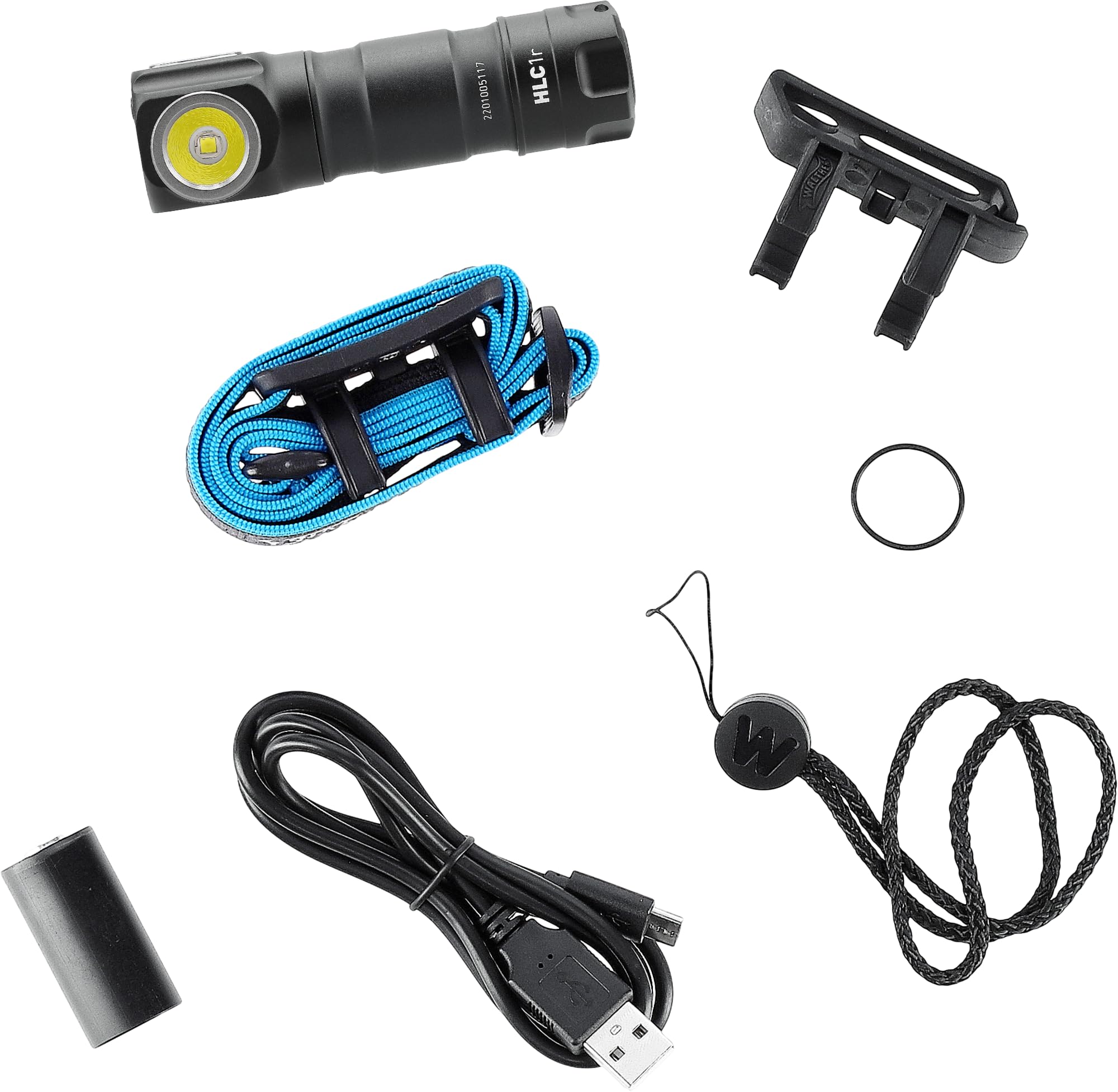 Walther HLC1r Stirnlampe, Wiederaufladbar, USB Kopflampe, IPX6 Wasserdicht, inkl. Akku 18350, Ladekabel, MOLLE-Clip, Handschlaufe und Ersatzdichtung