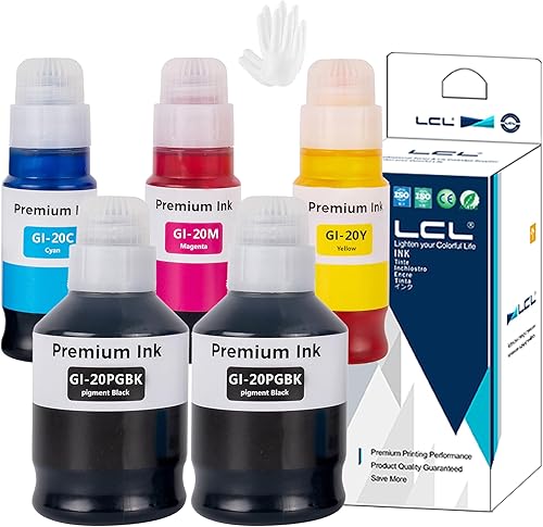 LCL Reemplazo de botella de tinta compatible para Canon GI20 GI-20 GI-20PGBK GI-20BK GI-20C GI-20M GI-20Y PPIXMA G5020 G6020 G7020 (paquete de 5 2