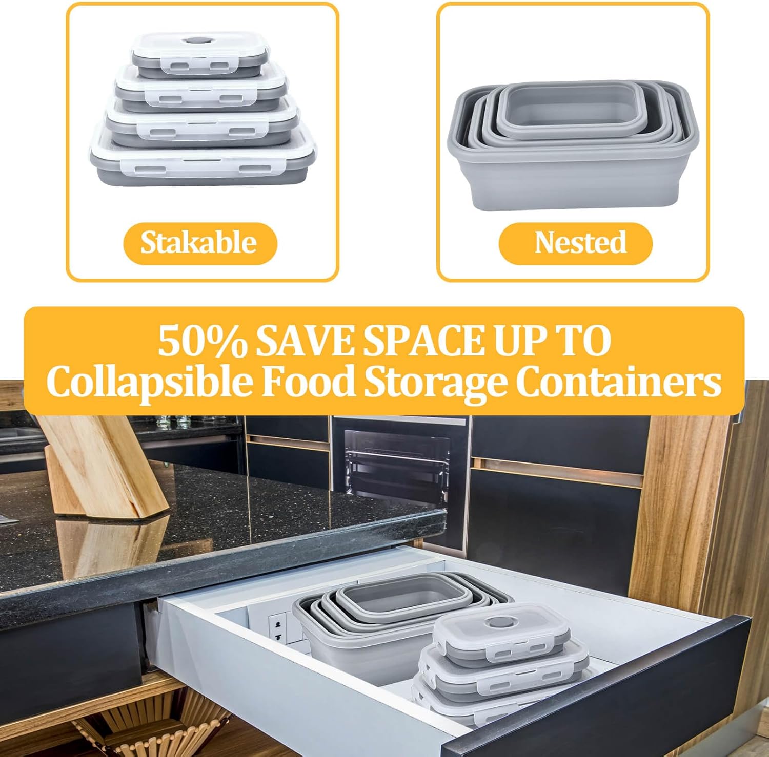 Collapsible Food Storage Containers with Lids, Silicone Meal Prep Containers BPA Free, Lunch Containers Collapsible Bowls Sets for Camping Storage Containers, Microwave Freezer Dishwasher Safe, Gray