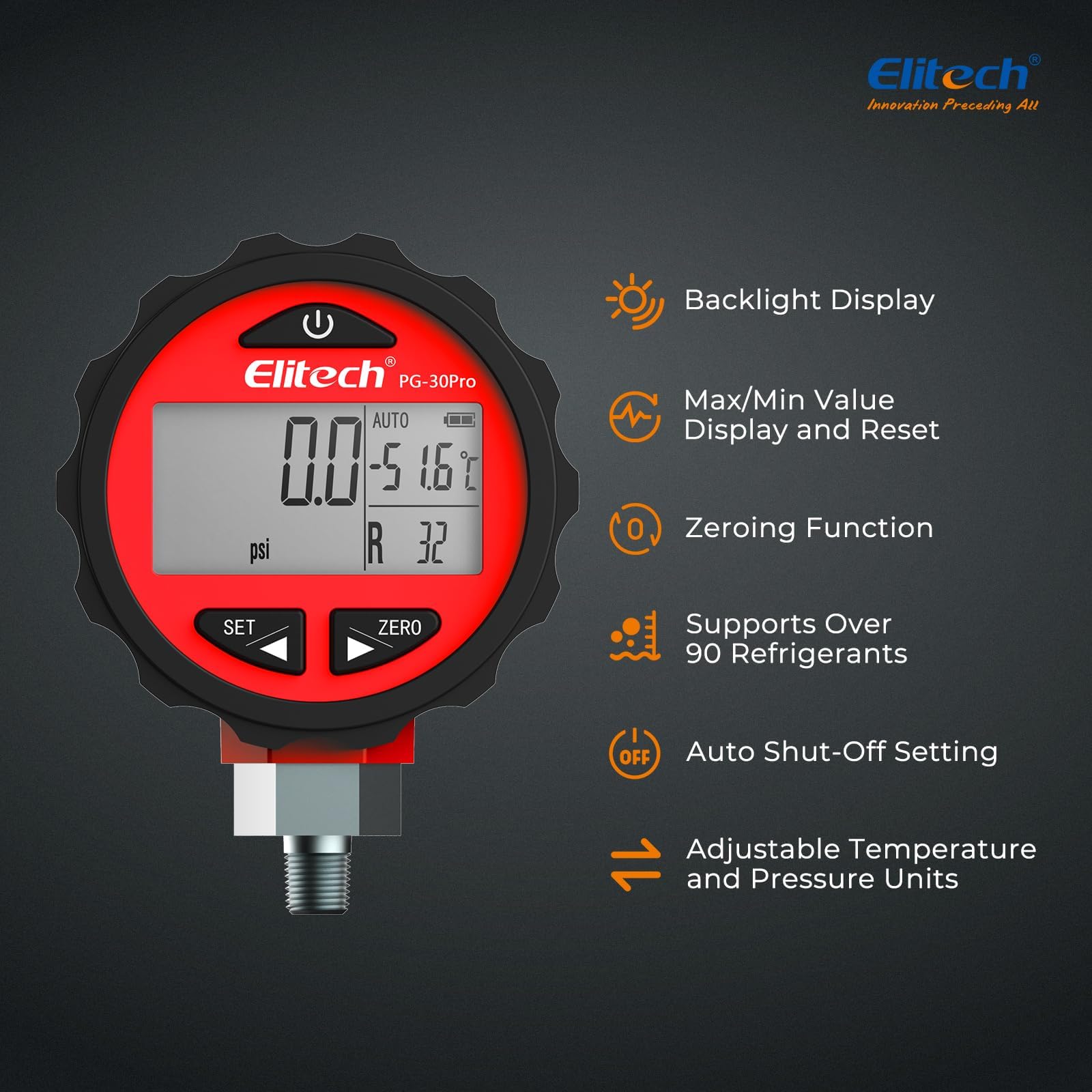 Elitech PG-30 Pro Manomètre Numérique Réfrigérant avec Rétroéclairage, Manifold Gauge Pour 87+ Réfrigérants 0-500 PSI 1/8 NPT, Rouge