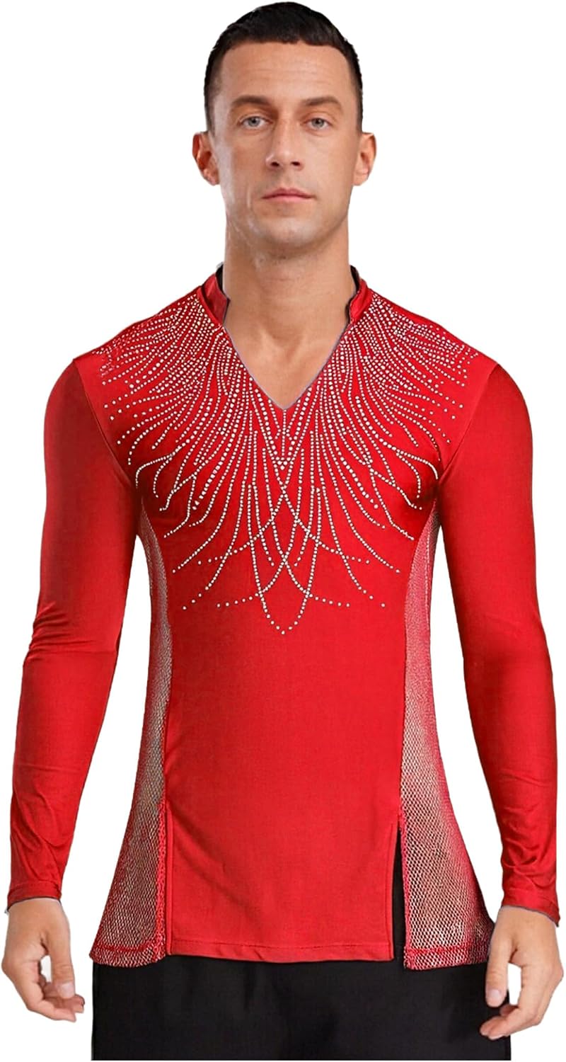 Men's Latin Ballroom Dance Top Shirt Rhinestones Side Mesh Tango Ballroom Modern Dance Costume Blouse