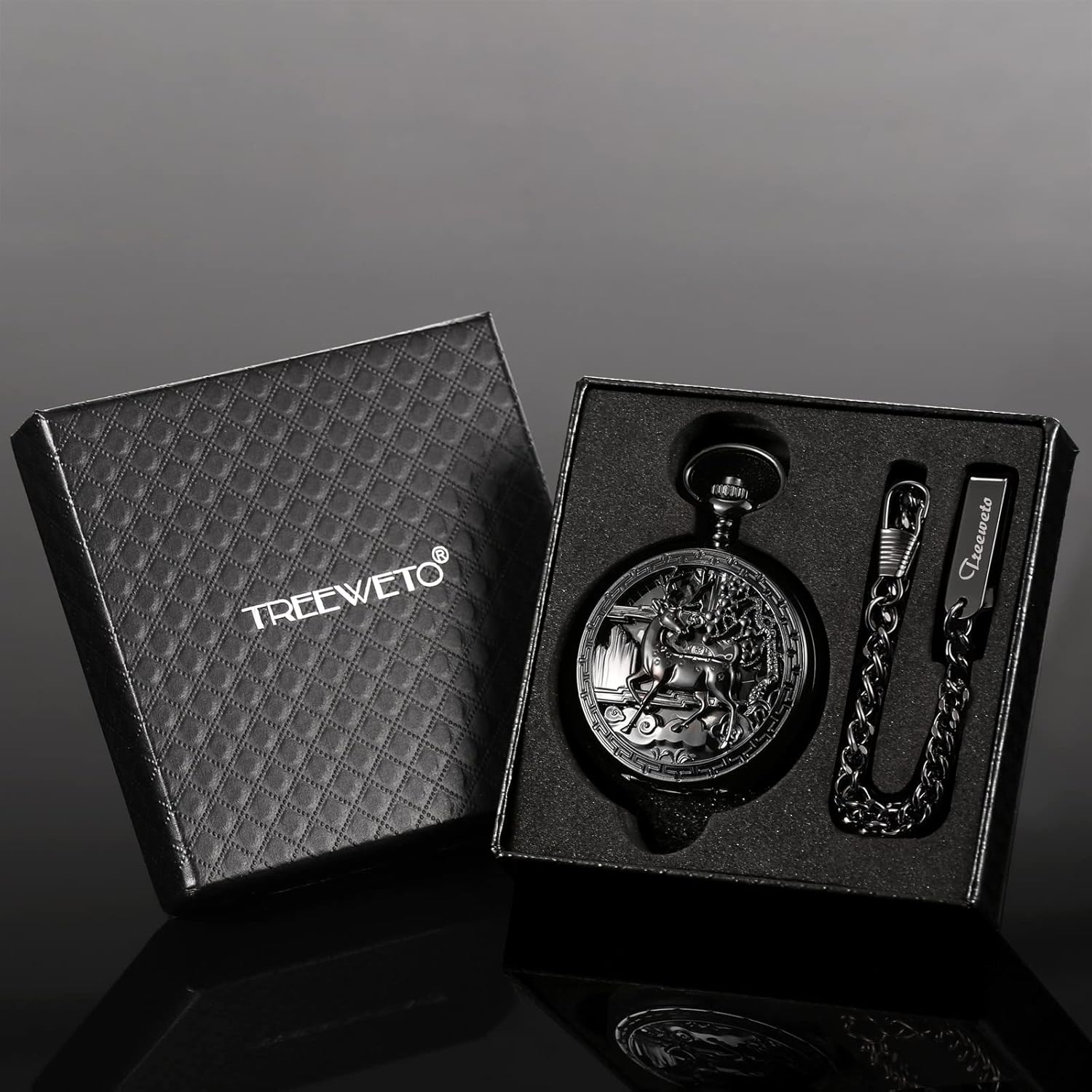 TREEWETO Vintage Pocket Watch Mechanical Double Cover Hollow Case Skeleton Steampunk Deer Case Men Women, Black