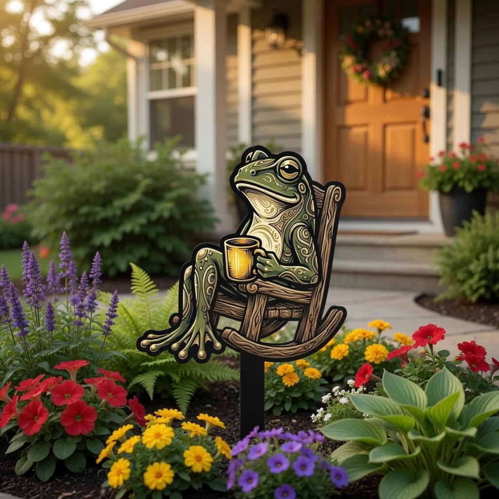 Funny Frog Garden Stake Metal Yard Decor, Rustic Outdoor Lawn Ornament with Coffee Chair Design, Whimsical Patio Flower Bed Sign, Gardening Gift for Mom Dad Frog Lover Farmer
