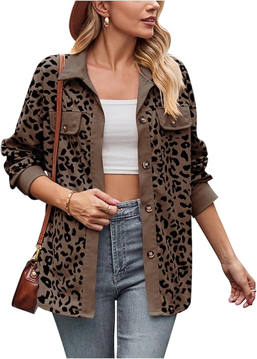 ERTUPE Womens Oversized Leopard Button Down Jacket Corduroy