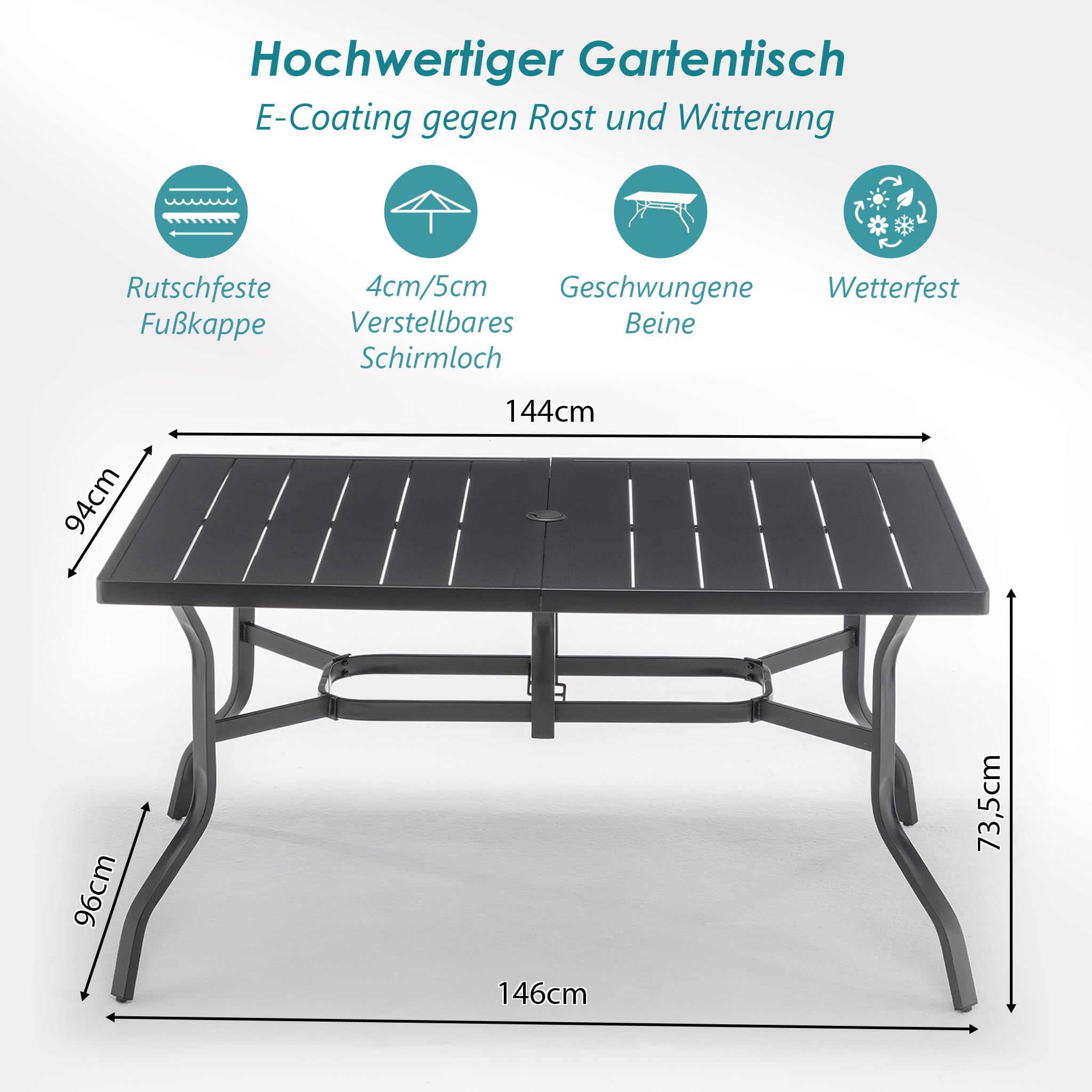 Thanaddo Gartentisch mit Schirmloch für 6 Personen, Wetterfest Terrassentisch aus Stahl, Draussen Metall Tisch Gartenmöbel 150x94 cm Gartentische Campingtisch für Garten Balkon Outdoor, Schwarz
