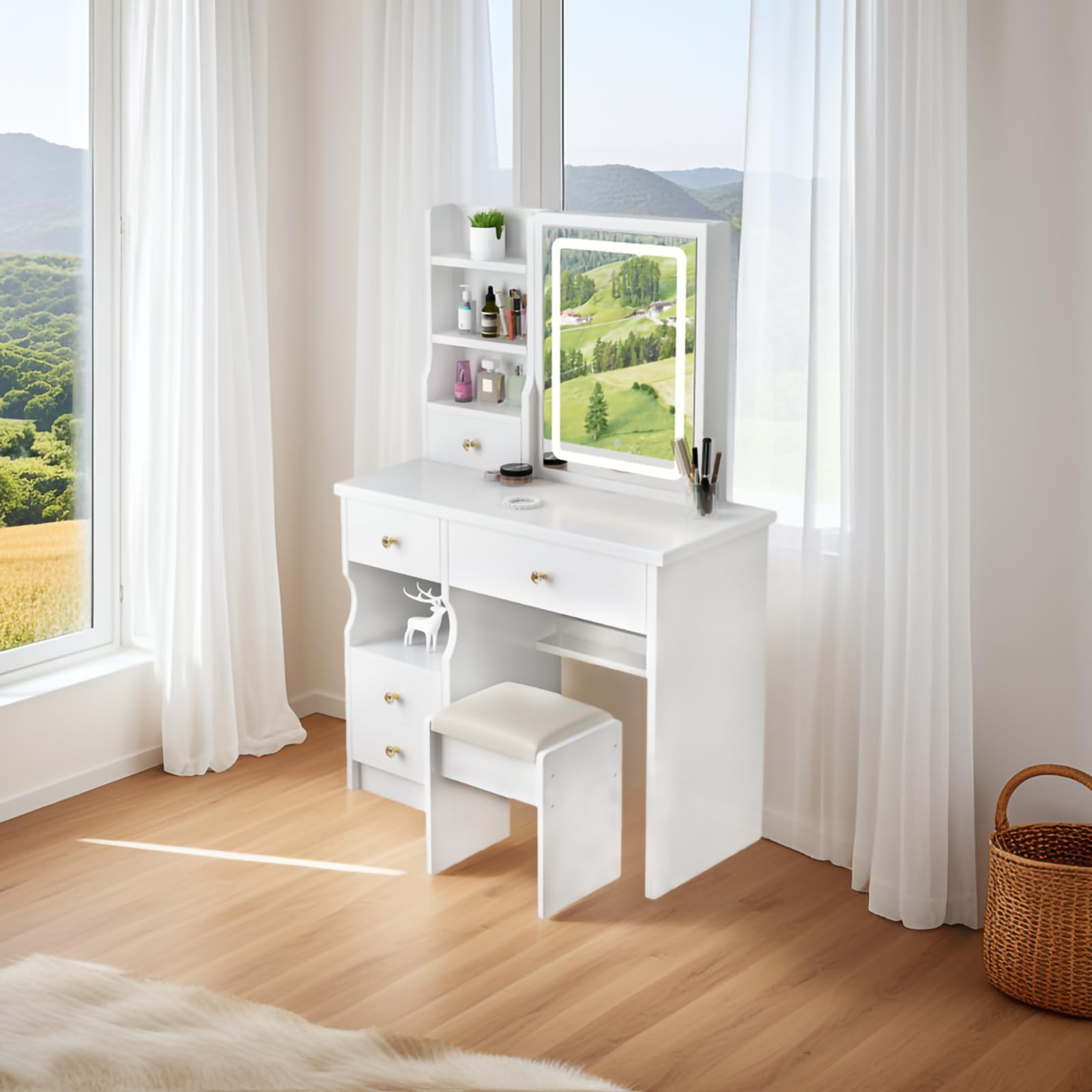 YuYe - Tavolo da toeletta con illuminazione LED, specchio con luminosità regolabile, tavolo da toeletta con sgabello, tavolo da trucco con 5 cassetti e 3 ripiani, moderno tavolo da trucco in legno