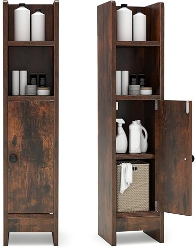 Miniatura 10 de Tangkula Armario de almacenamiento de baño pequeño, gabinete de piso de esquina delgado estrecho con estante ajustable y 2 estantes abiertos,
