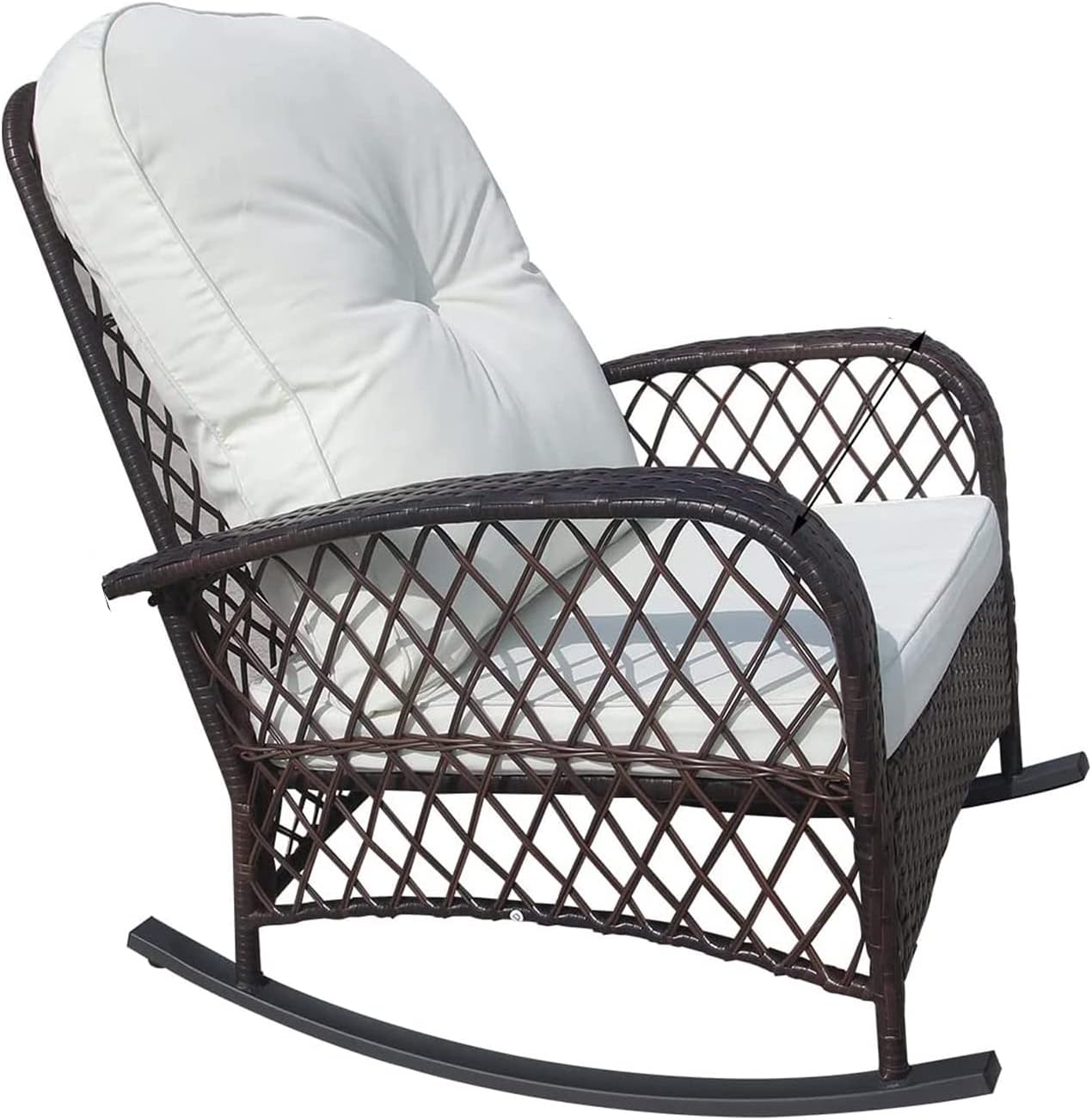 Outdoor Wicker Rocking Chair, Rattan Patio Rocker Chair with Cushion, Garden Rattan Sofa All-Weather Patio Rocker Chairs Weight Capacity 330lbs - Brown with White Cushion