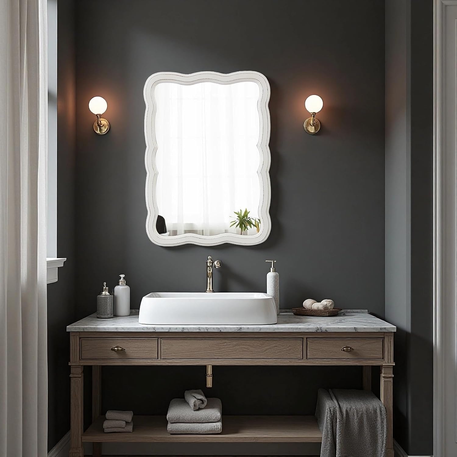 Farmhouse Decorative Scalloped Rectangular Wall Mirror 22 X 30 Inch, Hanging Distressed White Wooden Framed Vintage Wavy Bathroom Mirror Over Sink, Horizontal or Vertical