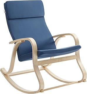 SONGMICS Sedia a Dondolo, Poltrona Oscillante, Copertura in Tessuto di Cotone Sfoderabile, Sedia a Sdraio, Struttura in Legno di Betulla, Capacità di Carico di 120 kg, BLU Notte LYY030Q01