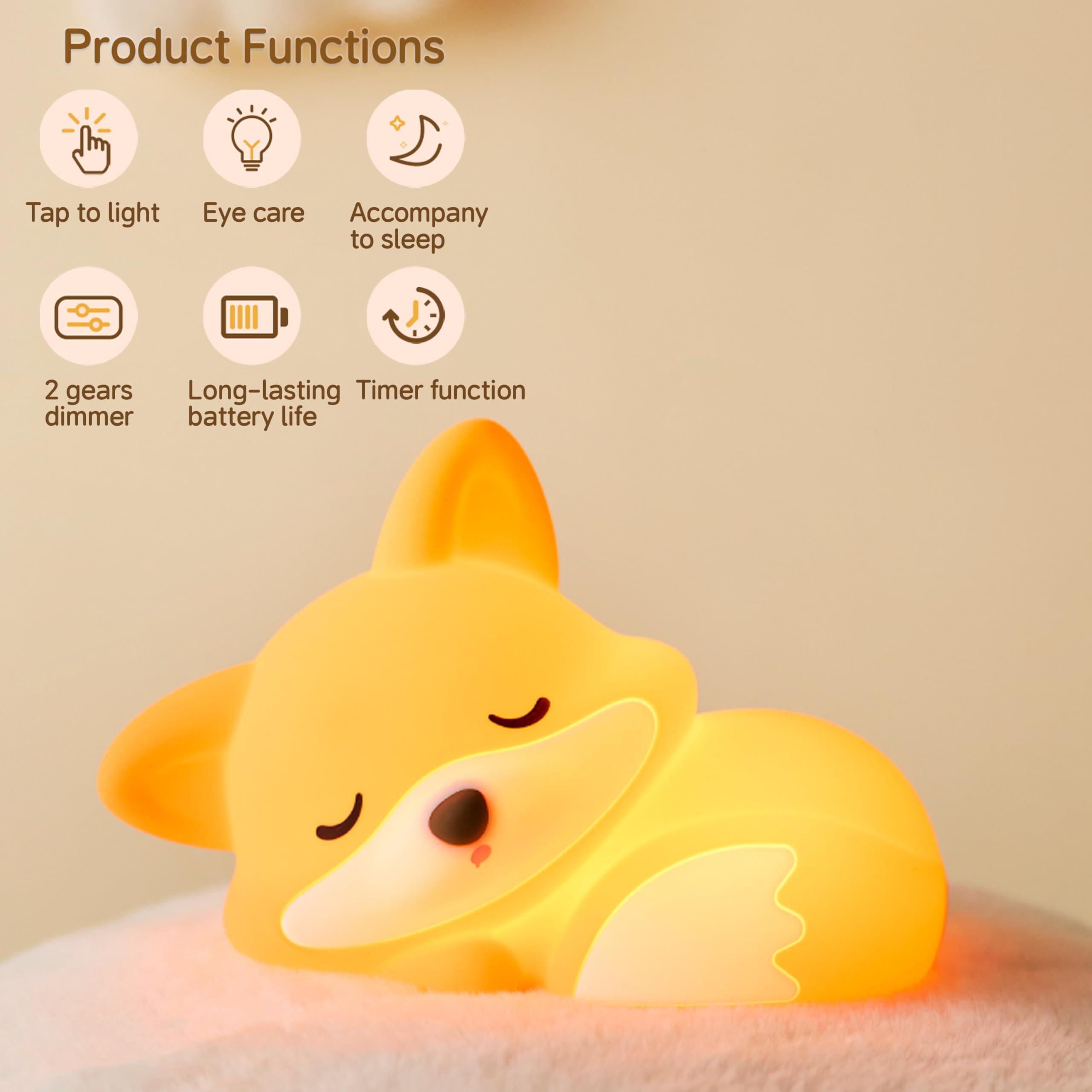 JMG-Myratts Night Light for Kids Cute Soft Silicone Fox Lamp, Dimmable Nursery Portable Kawaii Lamps - Image 2
