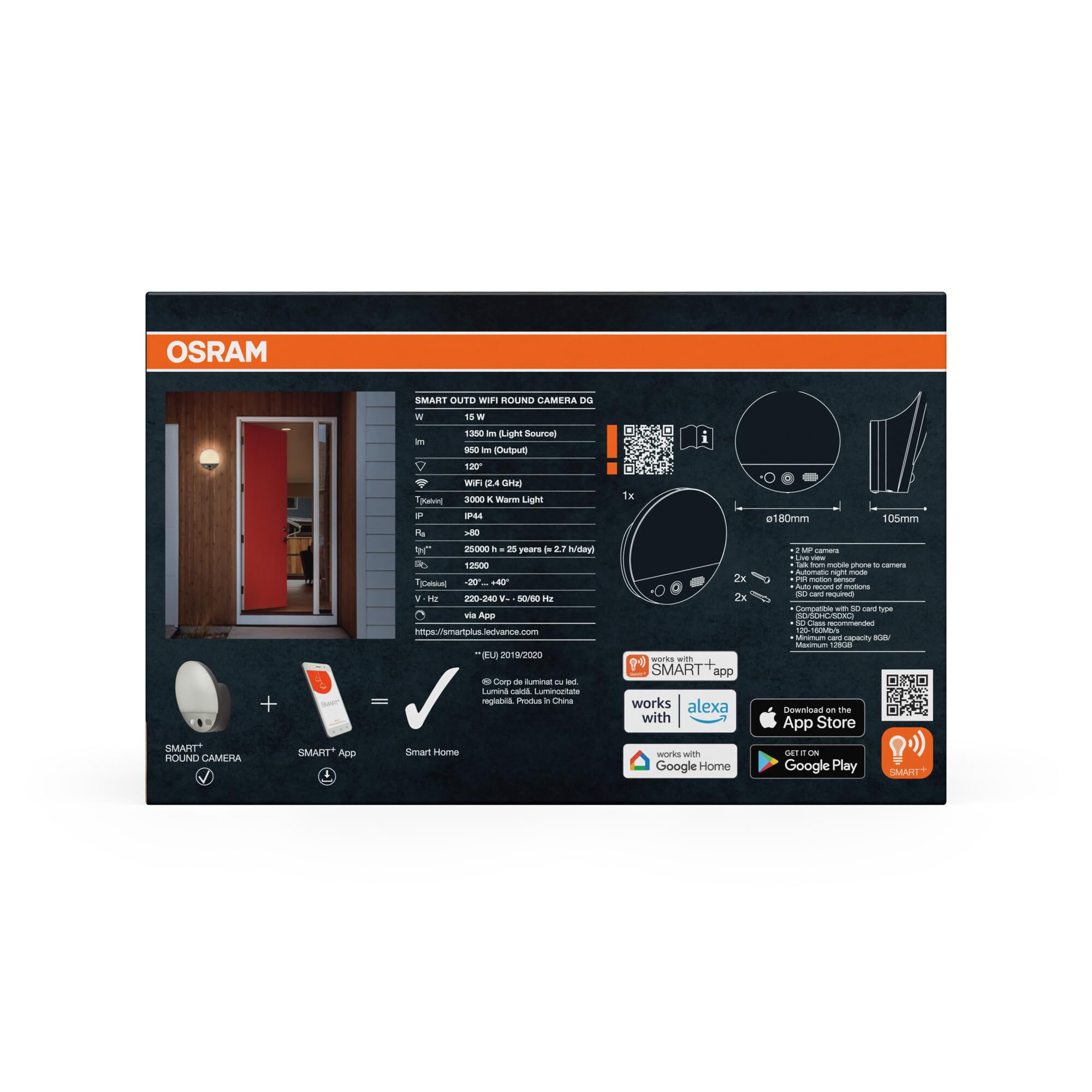 Osram Luminaire extérieur SMART+ avec caméra HD et détecteur de mouvement, | SMART+ Wifi Camera, Outdoor Lighting Accesories, Gris foncé, 180 mm dia, 25000 h, pack de 1