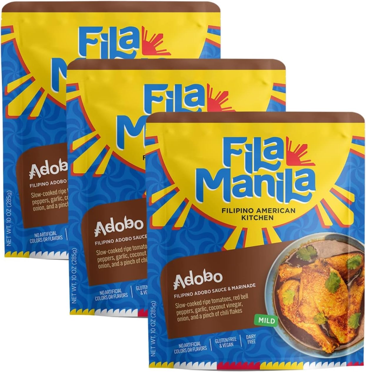 Fila ManilaDelicious Filipino Soy Garlic Simmer Sauce Adobo, Wheat-Free Tamari Soy Sauce, Garlic, & Onion, Mild, Vegan, No MSG, No Sugar Added, Gluten Free, Dairy Free, (24 Ounce)
