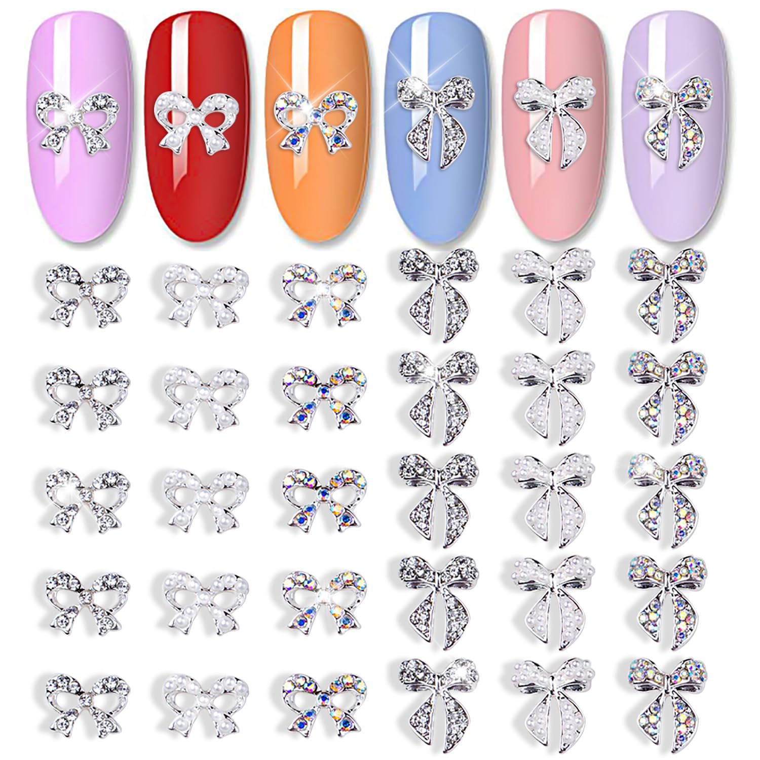 JERCLITY 30 Pieces Silver Bow Nail Charms Alloy Bow Charms Gems for Nails Bowknot Nail Studs Inlaid Pearl Clear Iridescent Rhinestone for Women Girls