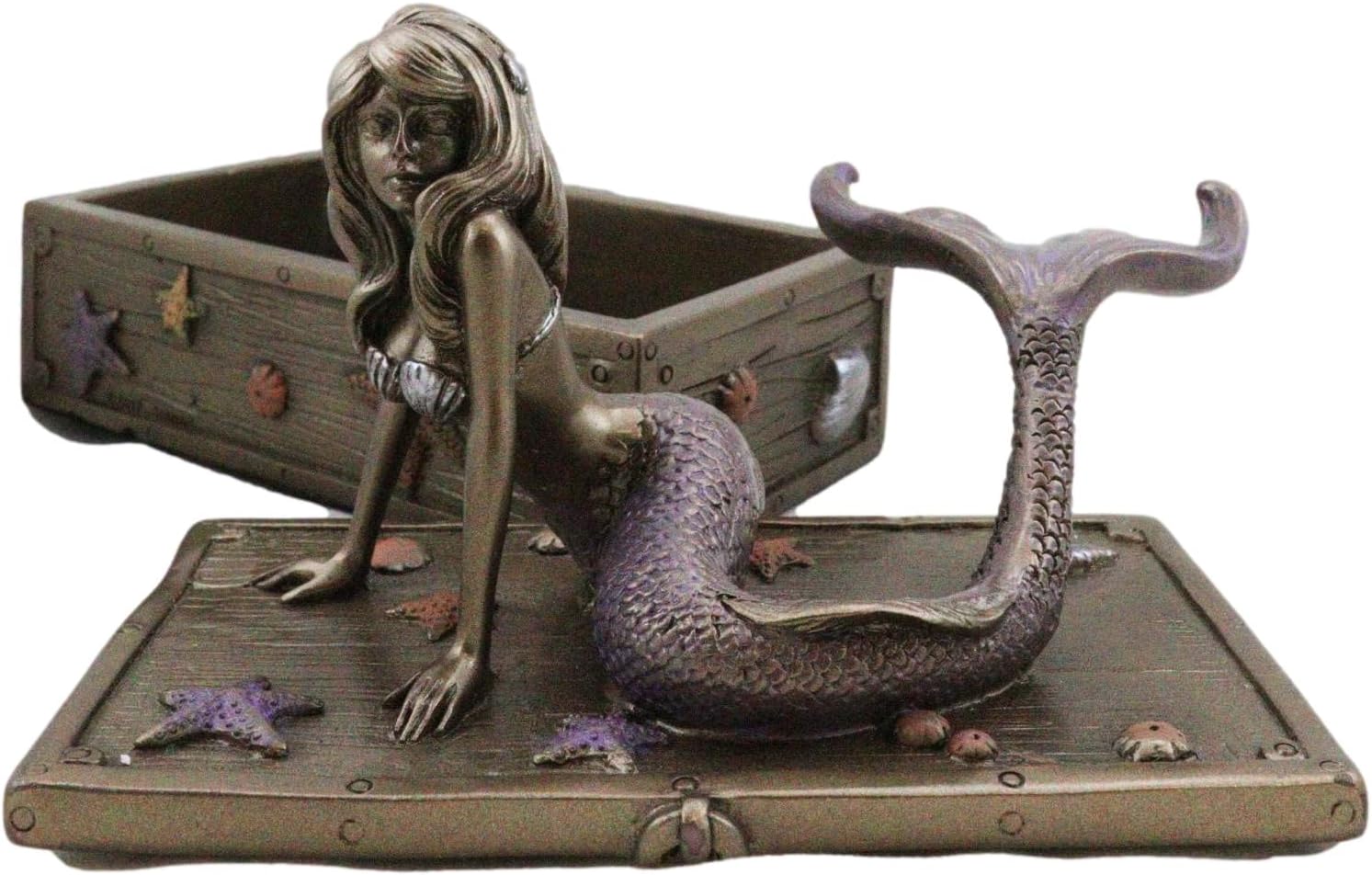 Ebros Gift Bronzed Resin Damsel Mermaid Ariel Resting On Starfish Corals Treasure Chest Decorative Jewelry Box Figurine 5" L Coastal Reef Marine Decoration Trinket
