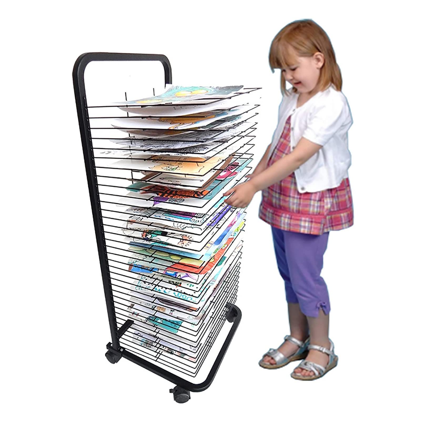 Séchoir à tableaux mobile pour salles de classe, étagère de séchage et de rangement pour peintures d'enfants, présentoir métallique à roulettes pour écoles et clubs d'art, noir poudre - 25 étagères