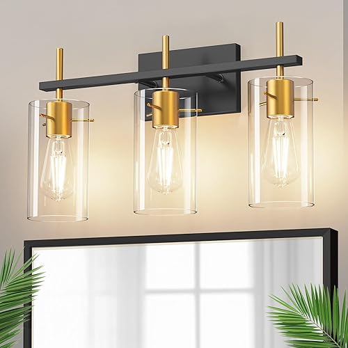Miniatura 17 de DORESshop Lámpara de tocador de baño de 4 luces sobre el espejo, lámparas de baño negro mate con pantallas de vidrio transparente, luces modernas