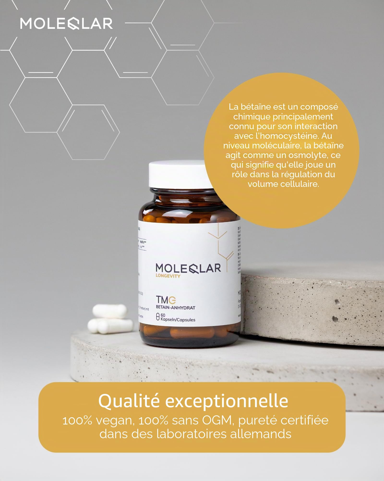 MoleQlar Bétaïne TMG 60 gélules – 500 mg triméthylglycine/capsule, haute pureté, végan, fabriqué en Europe