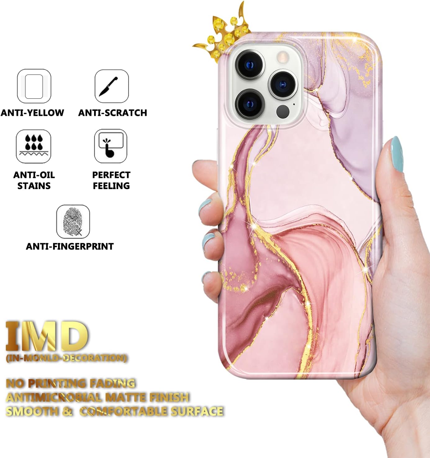 LANYOS Compatible with iPhone 13 Pro (6.1 inch) Case, Ultra-Thin Gold Sparkle Glitter Marble Pattern Soft & Flexible Silicone Shockproof TPU Bumper Protective Cover (Pink)