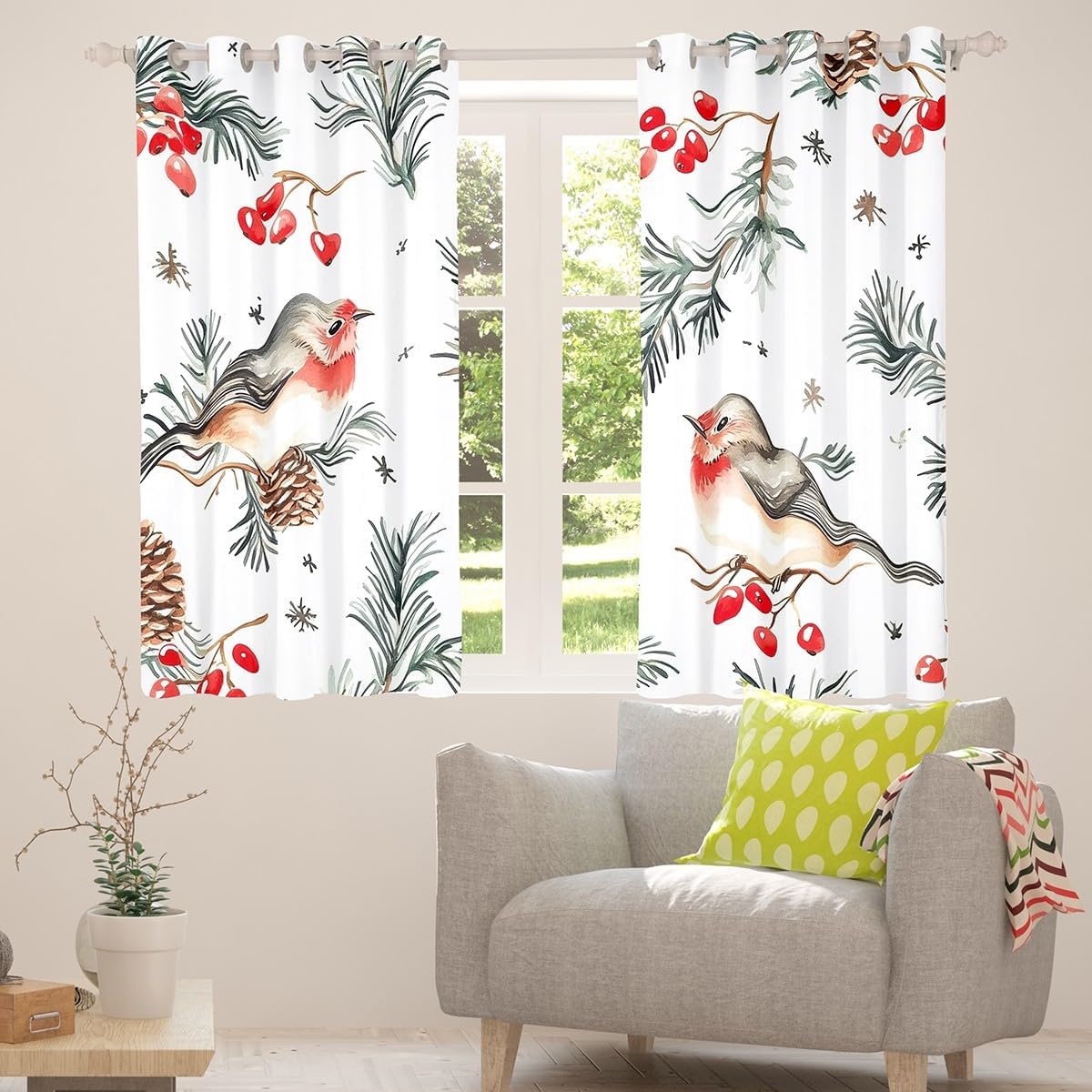 Feelyou Kids Birds Blackout Curtains, Happy New Year Window Curtains Winter Birds Darkening Drapes for Bedroom for Boys Girls Christmas Living Room Window Treatments (2 Panels, 42 x 84 Inch)