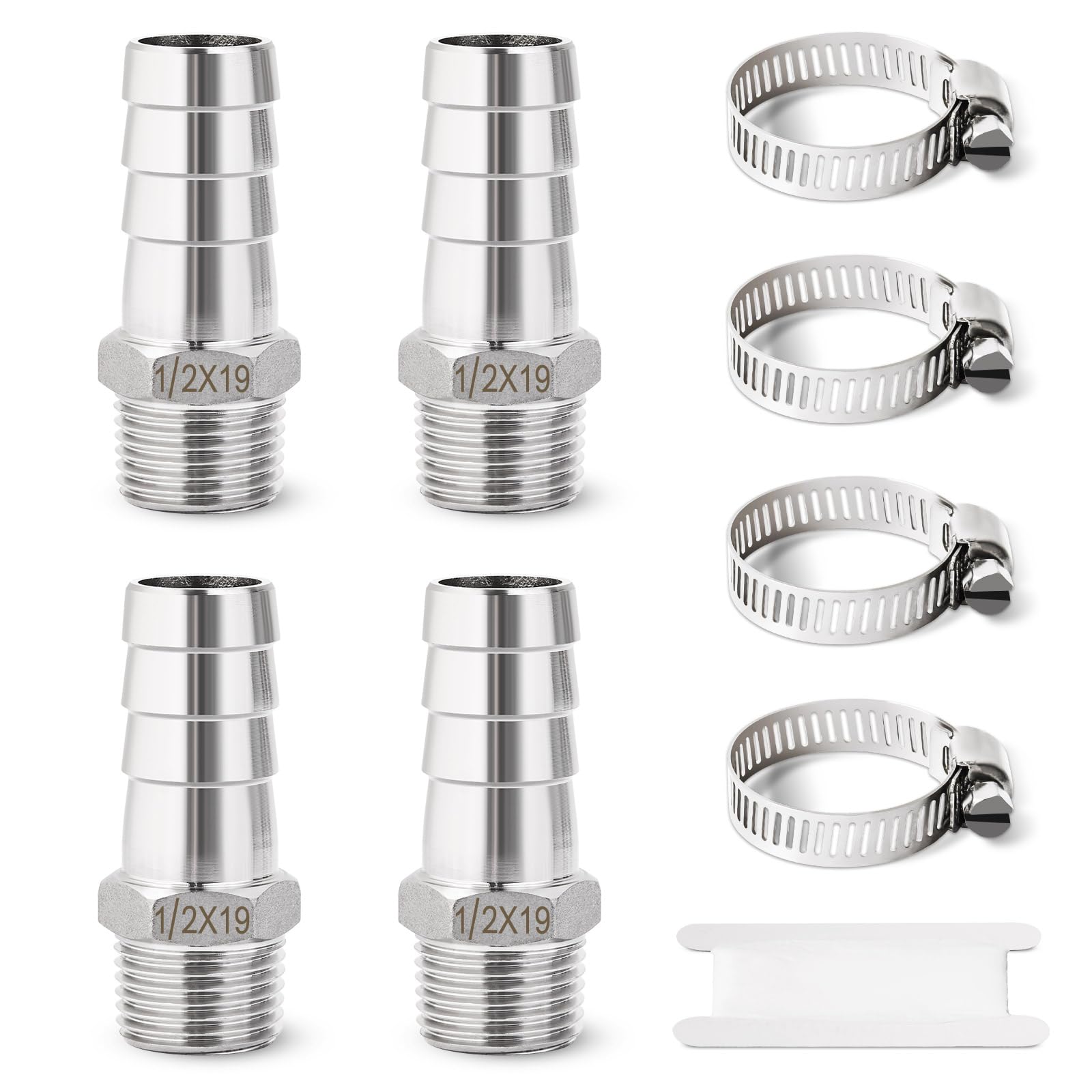 4 Pcs Barb Hose Fitting Josaton Stainless Steel 1/2” Male x 19mm Barb Hose Barb Connector with Hose Clamp 4 Set Barb Pipe Fitting for Air Water Fuel — image 1