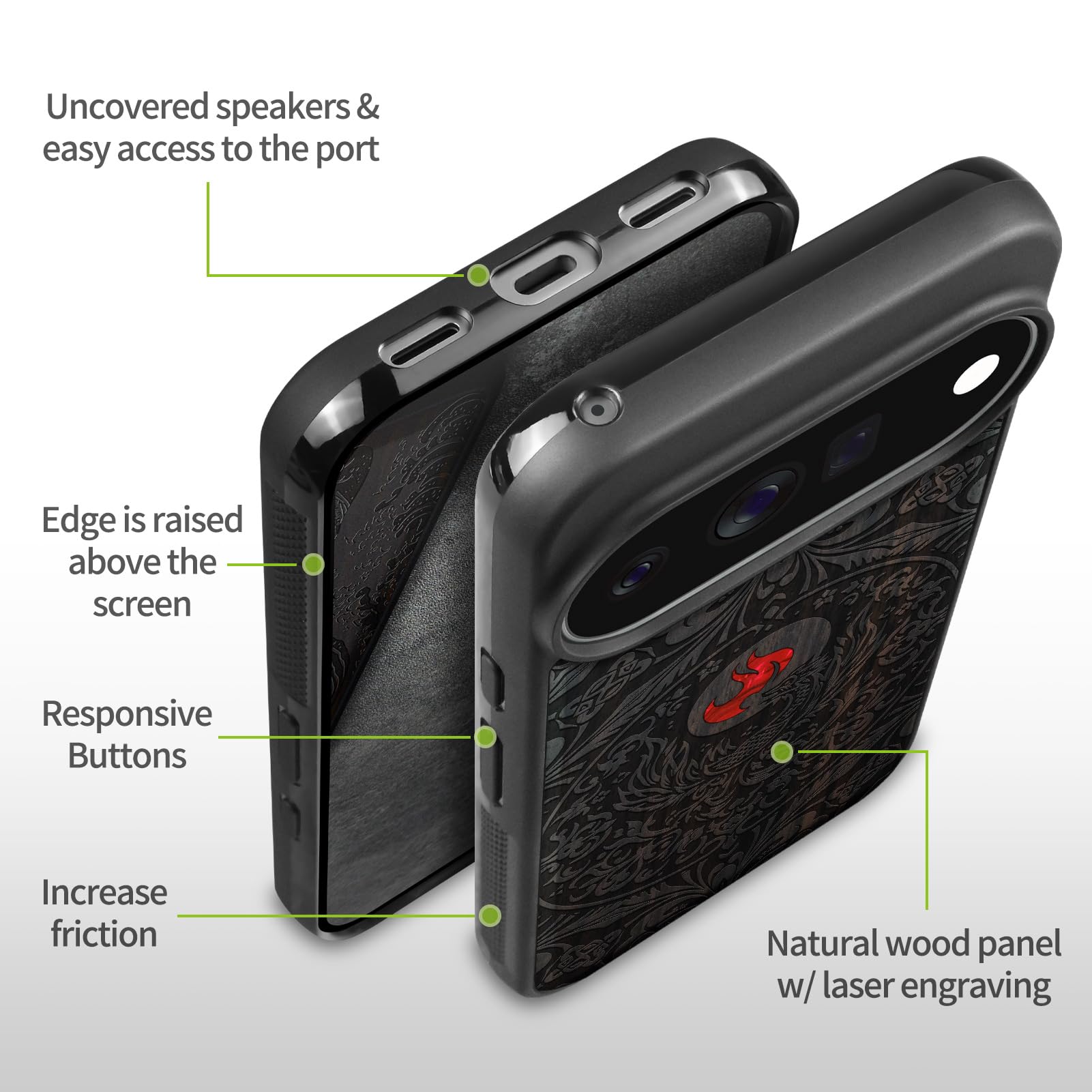 Carveit Madera Funda para Pixel 11 Pro XL (Oscura-Phoenix en simetría) | Compatible con MagSafe [Grabado en madera e incrustación de mejillones] Magnética Cover para Google Pixel 11 Pro XL Carcasa