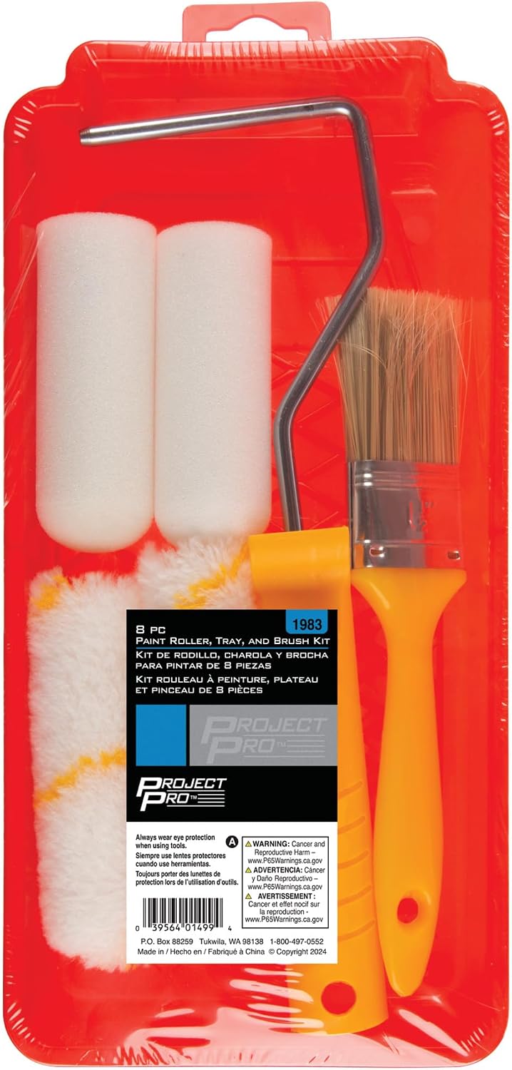 Performance Tool 1983 Small Paint Roller, Brush and Tray Kit, Works with Many Paints, Includes Microfiber and Foam Rollers, Detail Brush, and Paint Strainer