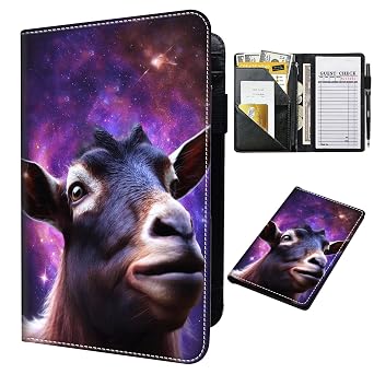 Server Books for Waitress,PU Leather Waiter Book Server Wallet with Zipper Pocket,Booklet Restaurant Waitstaff Organizer,Guest Check Book Holder Money Pocket Fit Server Apron,Funny Space Goat