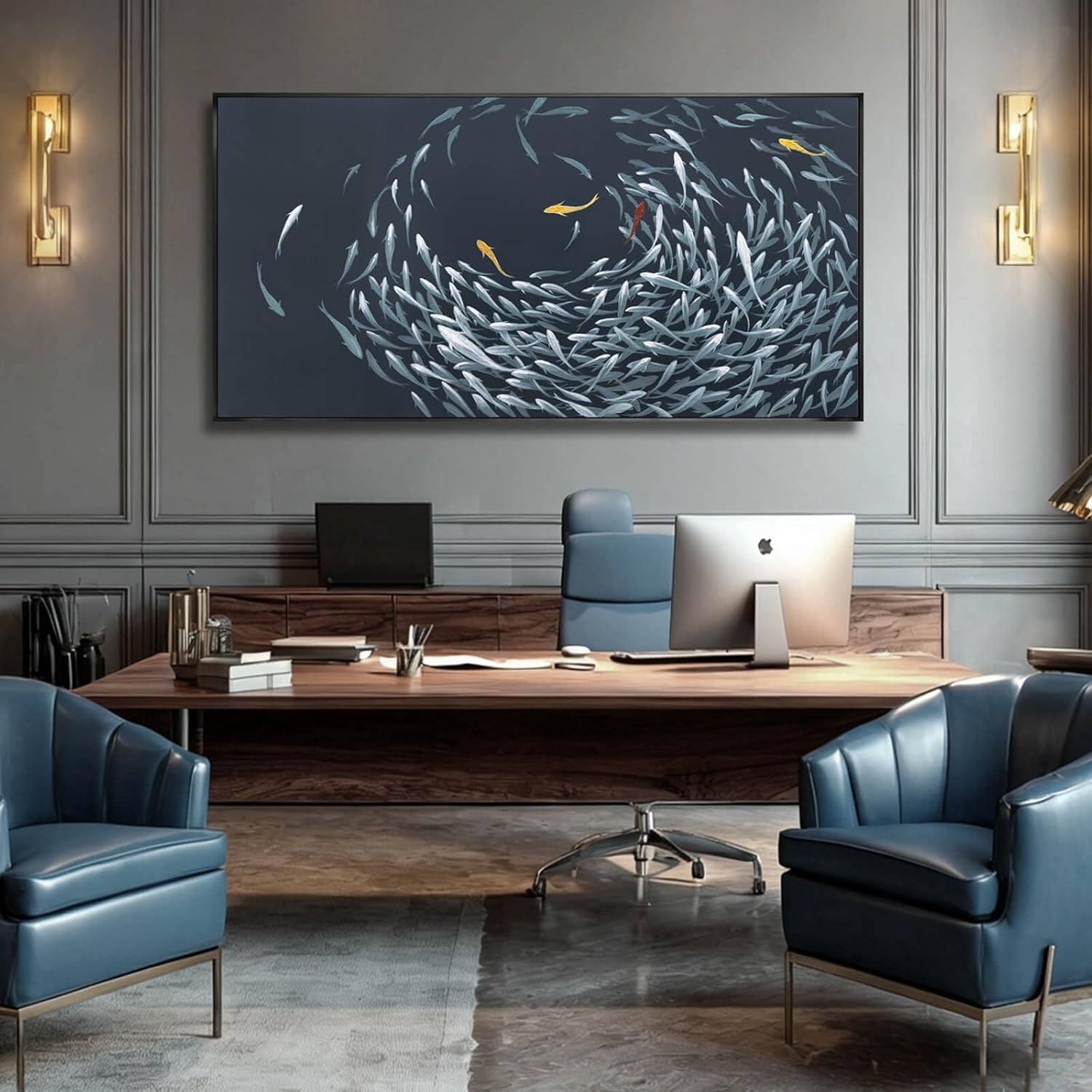Framed Wall Art,Sea Fish Wall Decor for Living Room,Blue Beach Theme Artwork,Coastal Large Pictures Poster Prints Arts for for Bedroom Dining Room 29"x58"